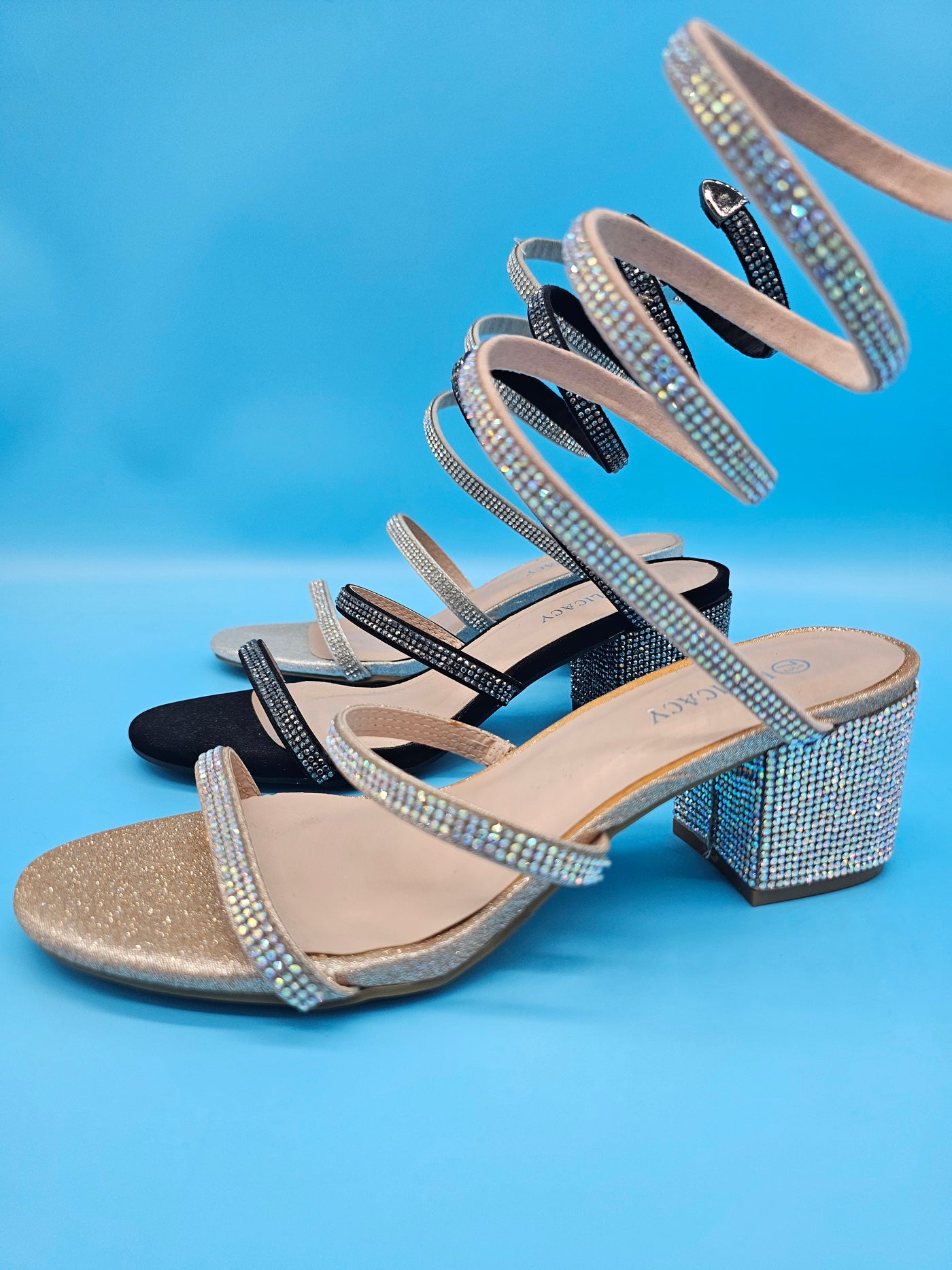 Low Rhinestones Wrap Strap Heels