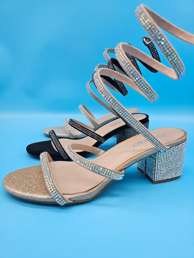 Low Rhinestones Wrap Strap Heels