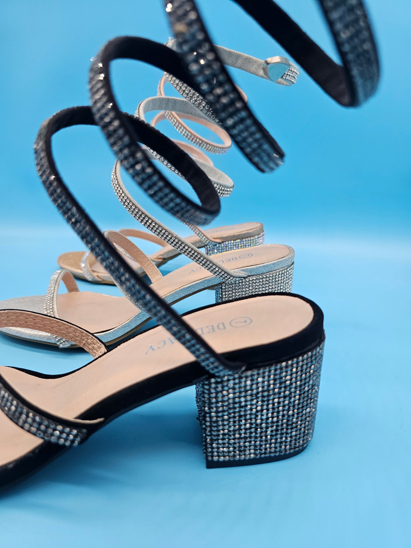 Low Rhinestones Wrap Strap Heels