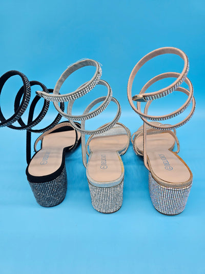 Low Rhinestones Wrap Strap Heels