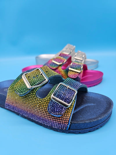 Rhinestones Double Straps Slippers