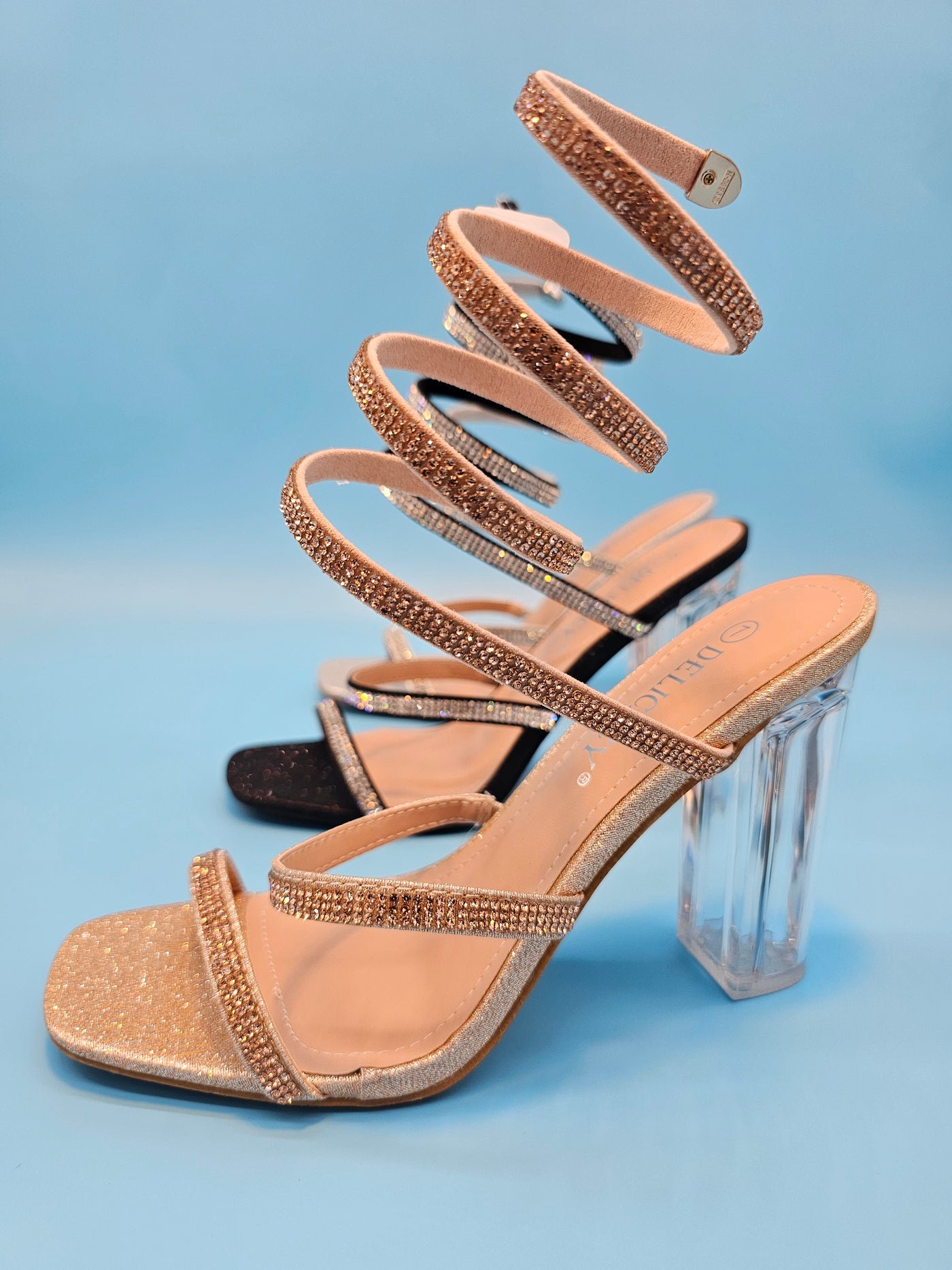 Clear Block Heels Rhinestones Wrap Around