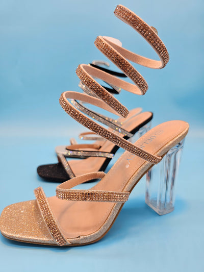 Clear Block Heels Rhinestones Wrap Around