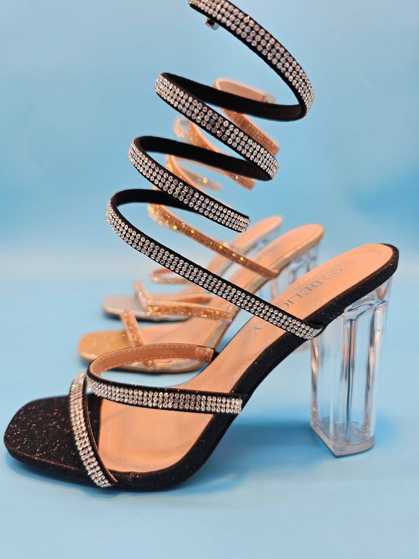 Clear Block Heels Rhinestones Wrap Around