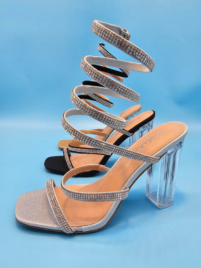 Clear Block Heels Rhinestones Wrap Around