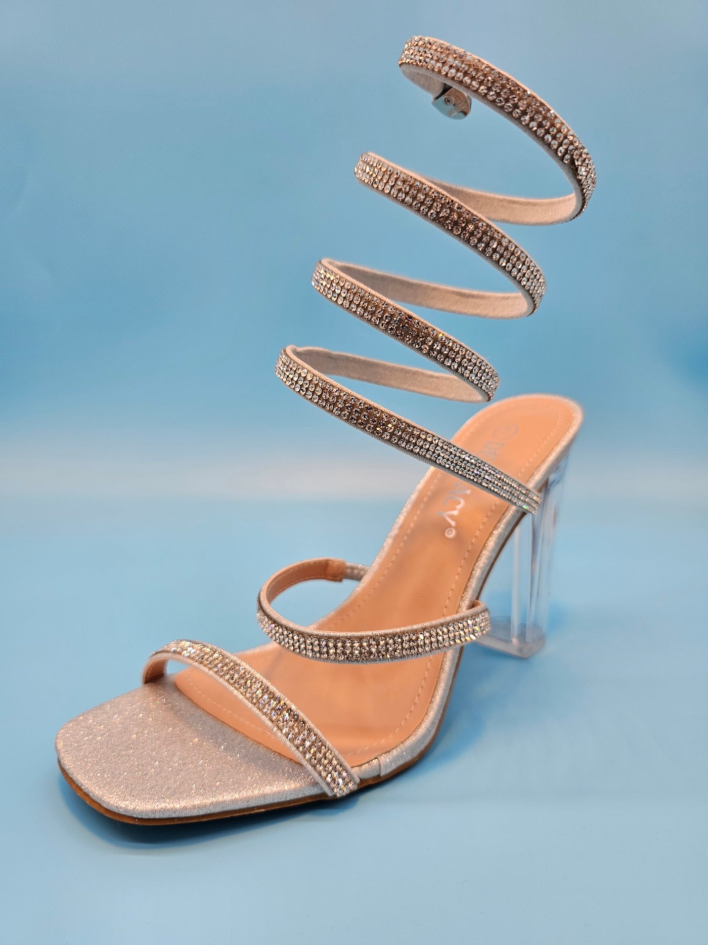 Clear Block Heels Rhinestones Wrap Around