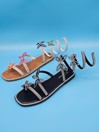 Flat Wrap Around Rhinestones Covered Sandals
