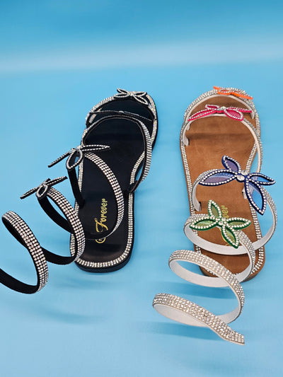 Flat Wrap Around Rhinestones Covered Sandals