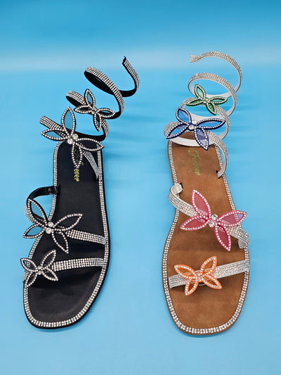 Flat Wrap Around Rhinestones Covered Sandals