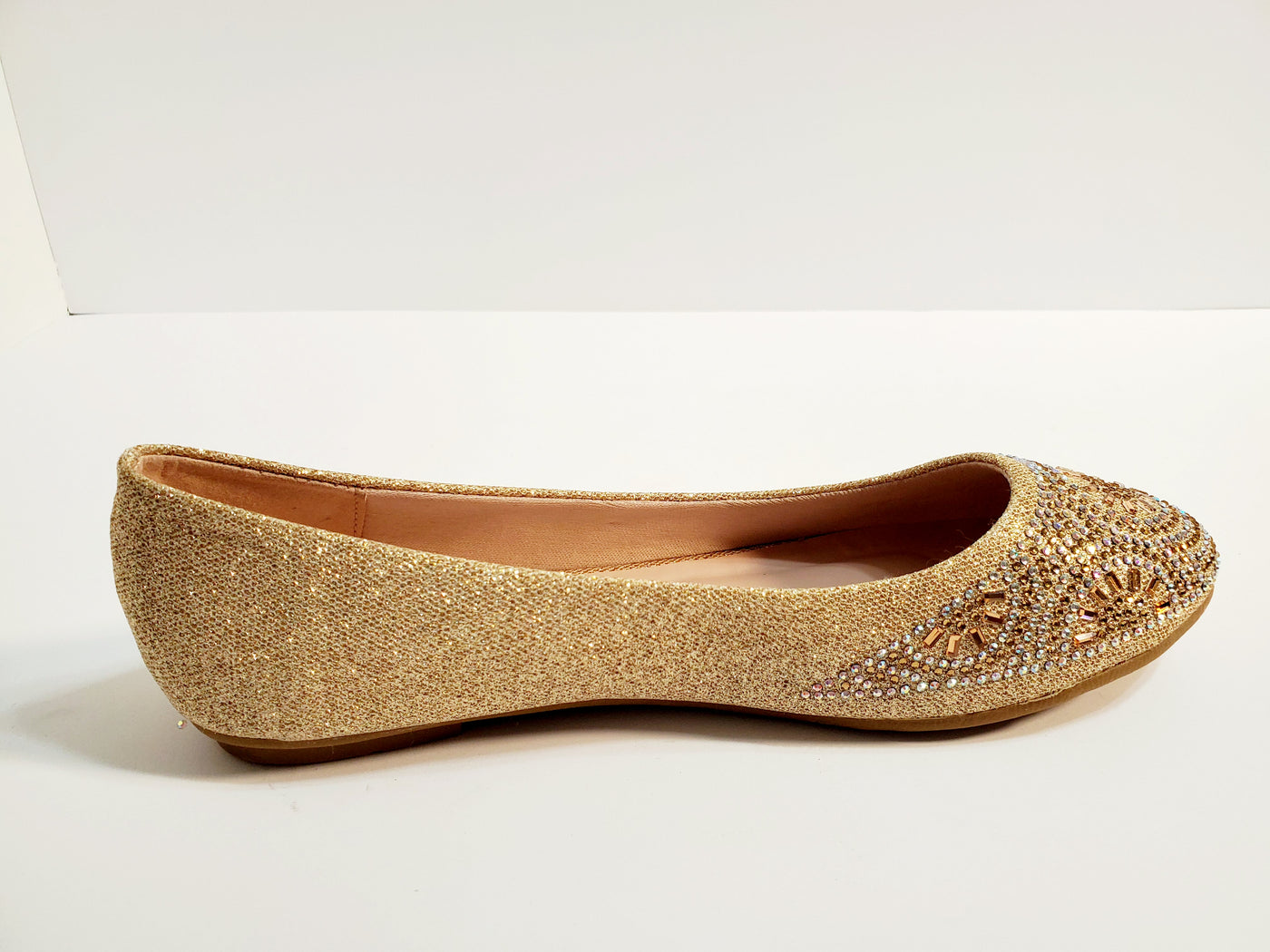 women's flat closed toe fancy gold